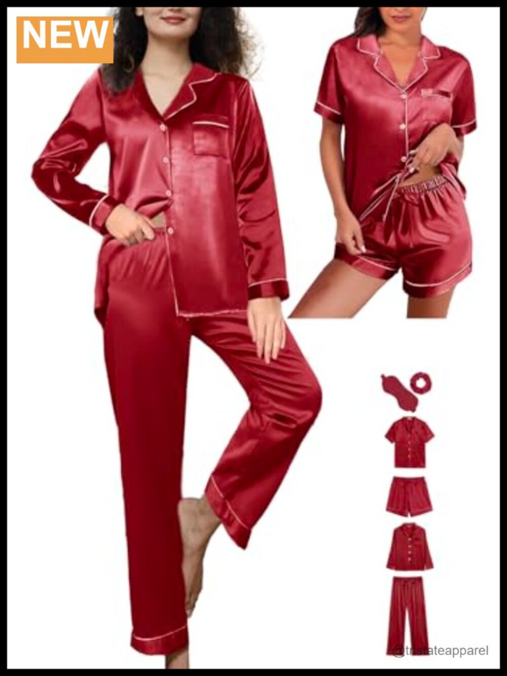 Womens Silk Satin Pajama Set 6 Piece Button Down Sleepwear Loungewear